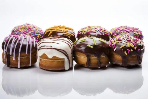  Colorful donuts showcased in a delicious array against a pristine white b... Stock Photos