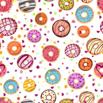 Colorful donuts with sprinkles seamless pattern. Doodle sketch style background Stock Illustration