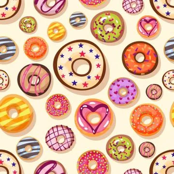 Colorful donuts with sprinkles seamless pattern. Doodle sketch style background Stock Illustration