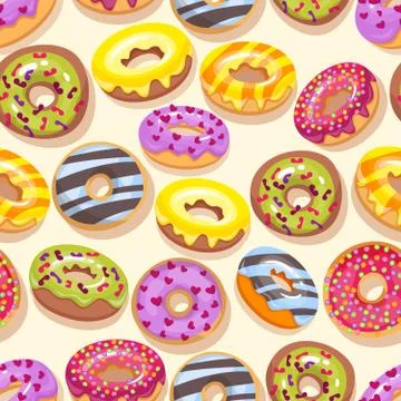 Colorful donuts with sprinkles seamless pattern. Doodle sketch style background Stock Illustration