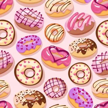 Colorful donuts with sprinkles seamless pattern. Doodle sketch style background Stock Illustration