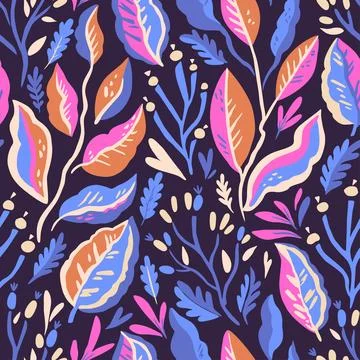 Colorful doodle botanical pattern. Vector print with hand-drawn simple plan.. Stock Illustration