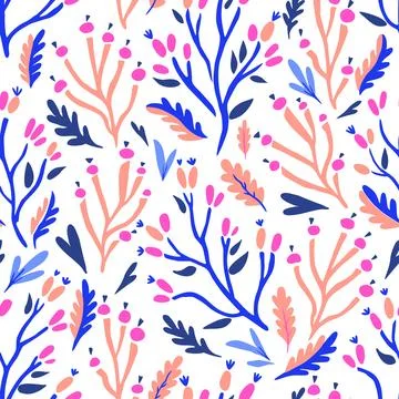 Colorful doodle botanical pattern. Vector print with hand-drawn simple plan.. Stock Illustration