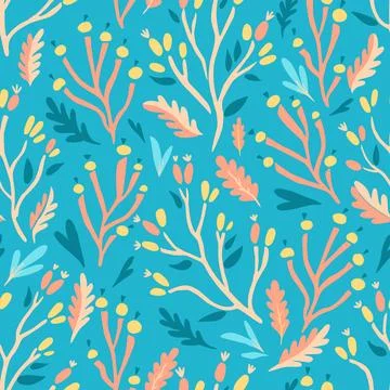 Colorful doodle botanical pattern. Vector print with hand-drawn simple plan.. 스톡 일러스트