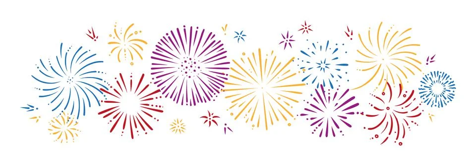 Colorful doodle firework set. Shiny foreworks for parties and celebrations Illustrazione stock