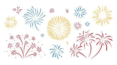 Colorful doodle firework set. Shiny foreworks for parties and celebrations Stock Illustration