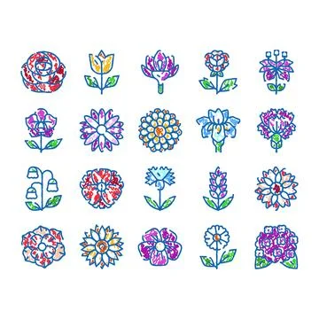 Colorful doodle flowers representing nature and botanical elements Stock Illustration