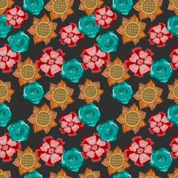 Colorful doodle flowers seamless pattern 스톡 일러스트