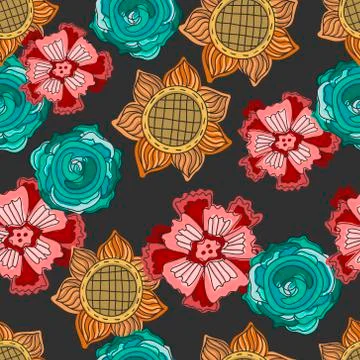 Colorful doodle flowers seamless pattern Stockillustratie