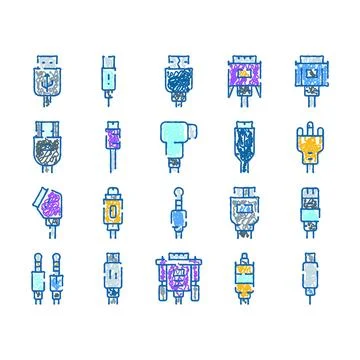 Colorful doodle icons representing tech hardware connectors 스톡 일러스트