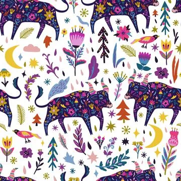 Colorful doodle seamless pattern with ox and flowers. Stock Illustration