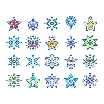 Colorful doodle star and snowflake holiday ornament set Stock Illustration