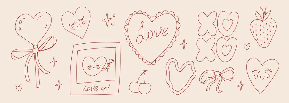 Colorful doodles display an array of heart shapes, flowers, and playful text. Stock Illustration