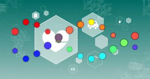 Colorful dots forming a dna structure against multiple medical icons on blue 스톡 일러스트