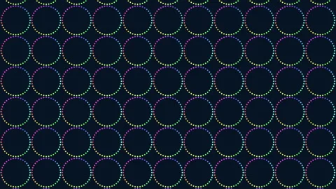 Colorful dotted circle pattern animation on dark background, seamless grid Stockbeeldmateriaal 333137152