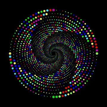 Colorful dotted spiral vortex circle on black background Stock Illustration