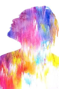 A colorful double exposure profile portrait merged with glitch 3D texture Stock Photos