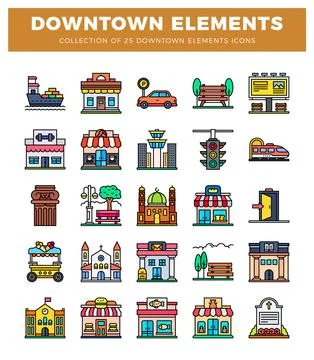 Colorful downtown elements icons in a grid layout on a white background. Stockillustratie