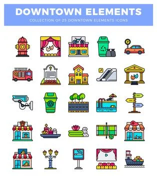 Colorful downtown elements icons イラスト素材