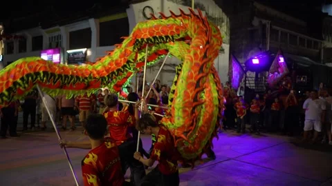 Colorful Dragon Dance During Nighttime Taoist Deity Procession Video stock 346245423