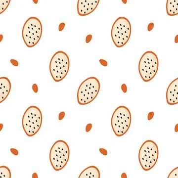 Colorful dragon fruit seamless pattern with seeds. Cartoon style tropical fruit Stock Illustration