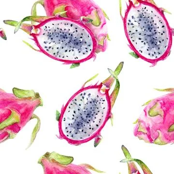 Colorful dragon fruit watercolor pattern on white background, ideal for tropical Stock Illustration