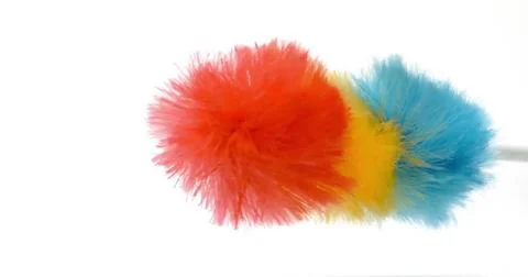 Colorful duster image with red, yellow, and blue feathers on white background Illustrazione stock