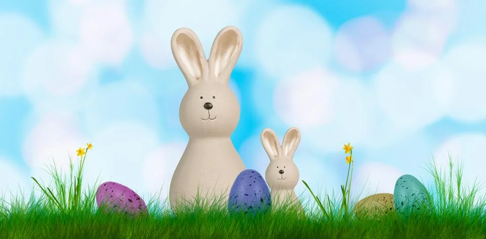 Colorful easter background with two bunnies and easter eggs Stock Photos