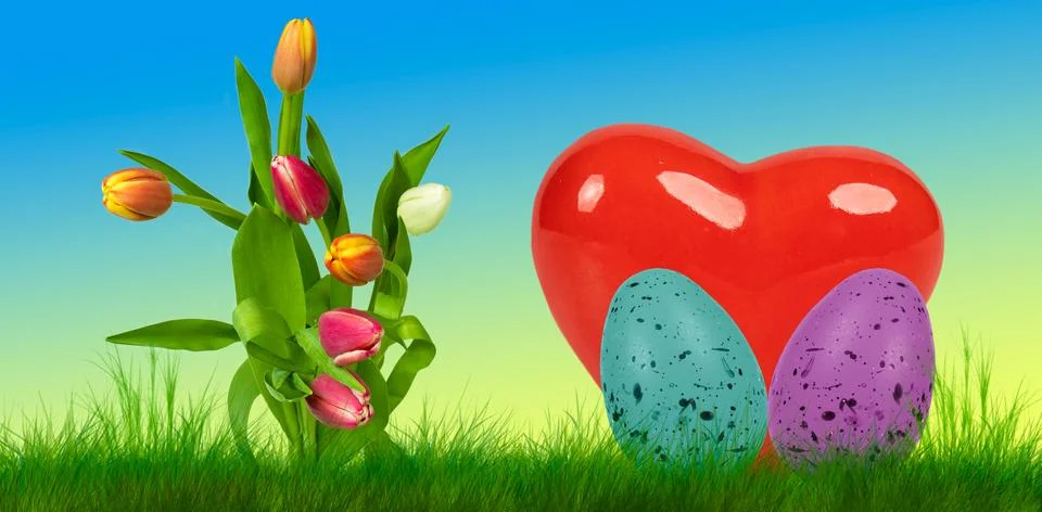 Colorful easter background with two easter eggs an a heart Stock Photos