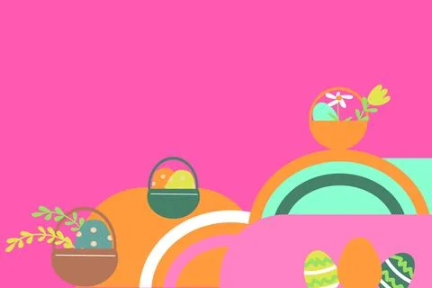 Colorful easter baskets and eggs with floral designs on vibrant background 库存插图