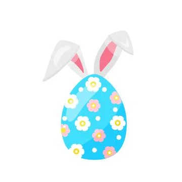 Colorful Easter blue egg, with flowers, with bunny ears. hand drawn. vector Stock Illustration