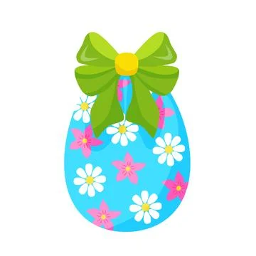 Colorful Easter blue egg with flowers, with green bow and ribbons. hand drawn Stock Illustration
