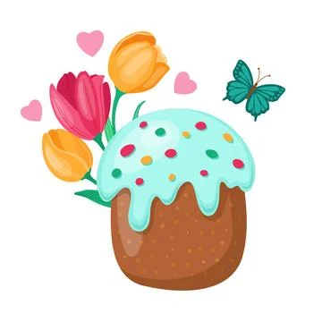 A Colorful Easter Cake decorated with Beautiful Flowers and Charming Butterflies Stock Illustration