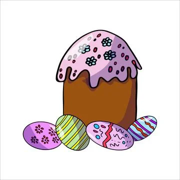 Colorful Easter cake with hand-drawn Easter eggs Stock Illustration