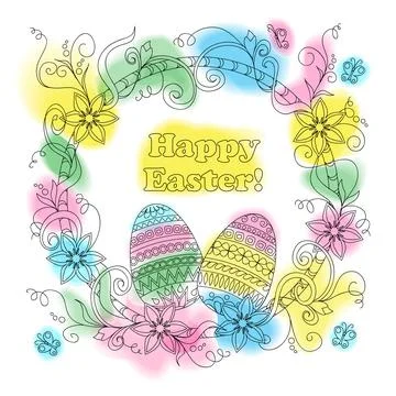 Colorful easter card with patterned eggs, floral frame and butterflies Stock Illustration