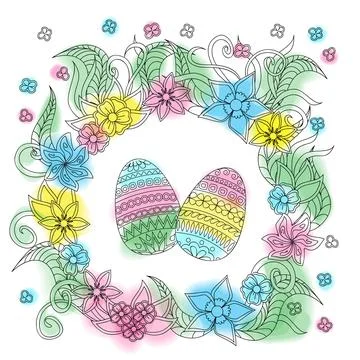 Colorful easter card with patterned eggs and floral frame Stock Illustration