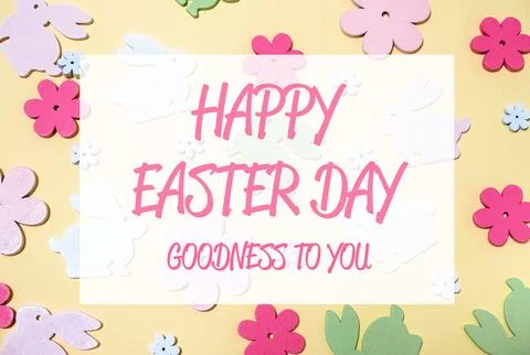 Colorful Easter card with a white background and pink and blue flowers Stock Photos