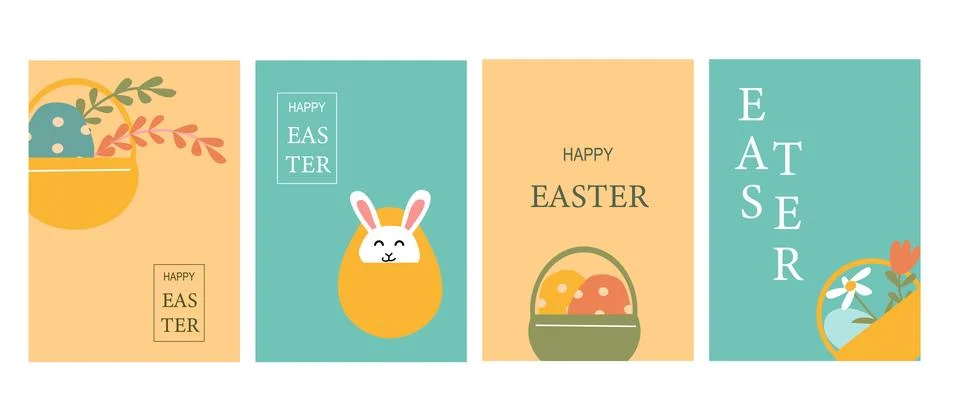 Colorful easter cards featuring baskets, eggs, and bunny designs Illustrazione stock