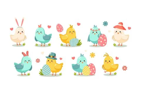 Colorful easter cute chicks birds character. Stock Illustration