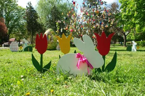 Colorful Easter Decoration with Egg tree in City Park at Spring Stock Photos