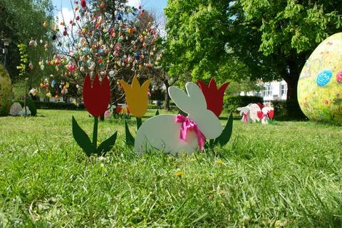 Colorful Easter Decoration with Egg tree in City Park at Spring Stock Photos
