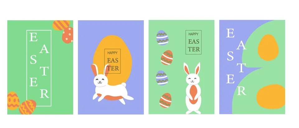 Colorful easter designs featuring eggs and bunnies on pastel backgrounds Stockillustratie