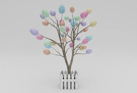 Colorful Easter Egg and tree minimal 3d rendering on white background Stock Illustration