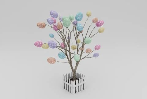 Colorful Easter Egg and tree minimal 3d rendering on white background Stock Illustration