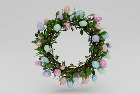 Colorful Easter Egg and Wreath minimal 3d rendering on white background Stock Illustration