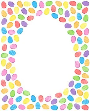 Colorful Easter egg background, numerous easter eggs around a white egg shape Stock Illustration