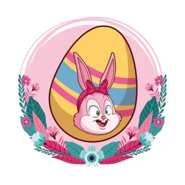 Colorful easter egg bunny portrait floral wreath round frame 스톡 일러스트