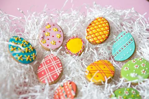 Colorful Easter Egg Cookies background Stock Photos