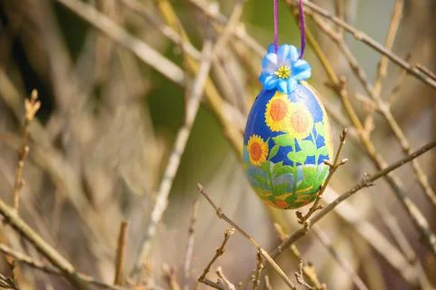 Colorful Easter egg with floral pattern hanging on the branches Stock Photos