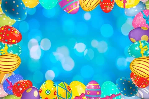 Colorful Easter egg frame edge border against a blue background. Space for te Stock Illustration